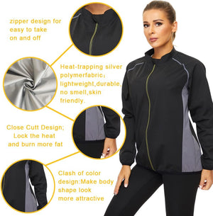 Sauna Suit for Women Sweat Jackets Workout Shirt Long Sleeve Slimming Tops Zipper Body Shaper Fitness Gym Exercise