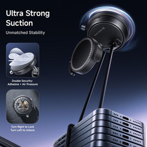 MAGIC JOHN Clip-On Car Phone Holder, Strong Magnetic Grip, Non-Slip Foldable Stand, 360° Adjustable, for Car Navigation & Home Use — Works with or without Magnetic Phones