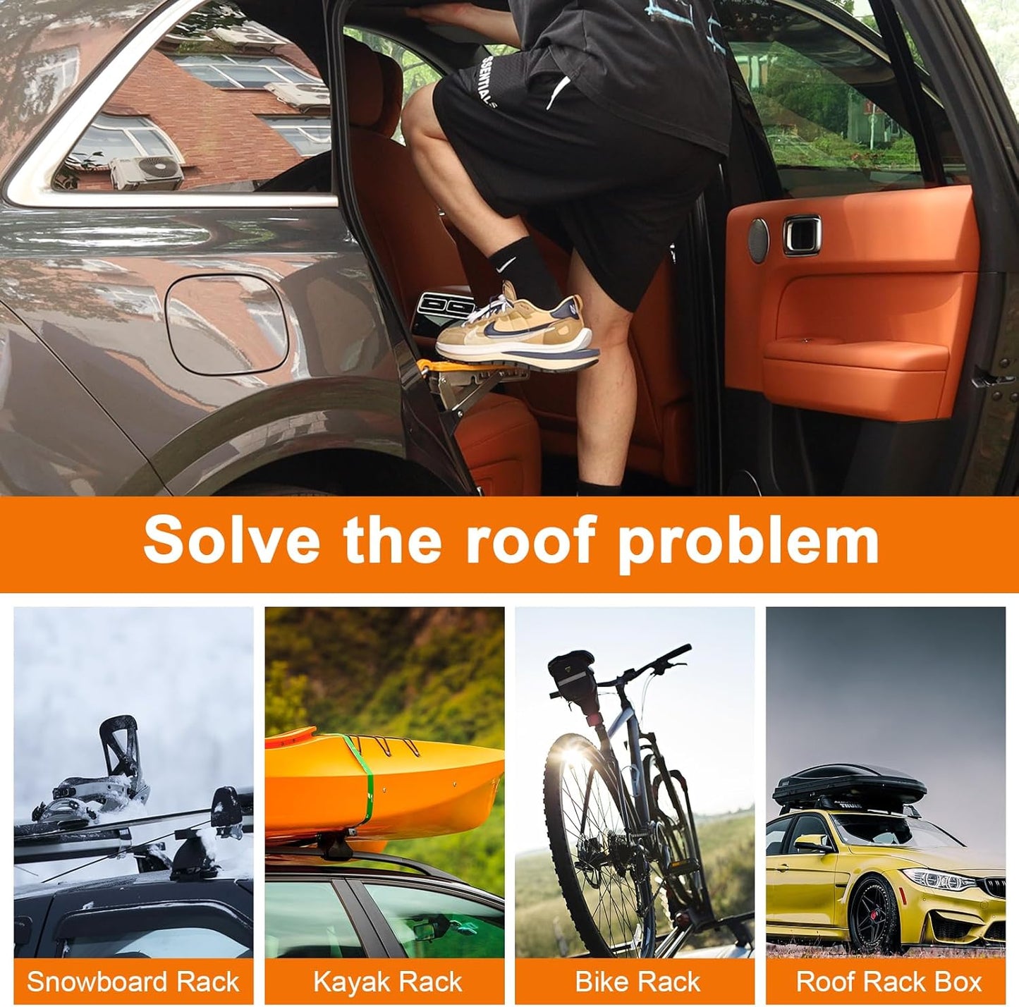 Universal Fit Car Door Step - Foldable, 7 Gear Adjustable Roof Rack Door Step up on Door Latch - Both Feet Stand Pedal Ladder, Max Load 500 Lbs - Easy Access for Cars, Suvs, and Trucks