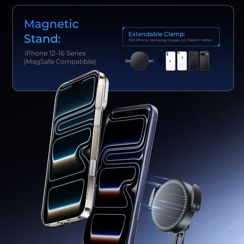 MAGIC JOHN Clip-On Car Phone Holder, Strong Magnetic Grip, Non-Slip Foldable Stand, 360° Adjustable, for Car Navigation & Home Use — Works with or without Magnetic Phones