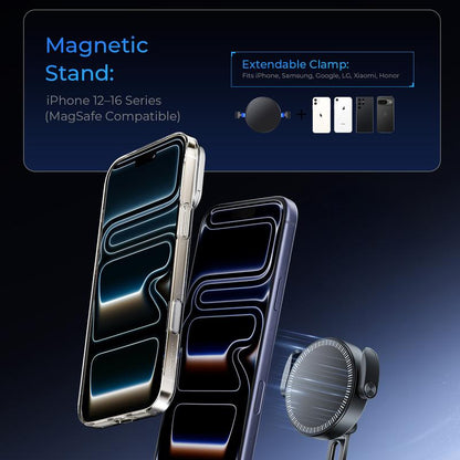 MAGIC JOHN Clip-On Car Phone Holder, Strong Magnetic Grip, Non-Slip Foldable Stand, 360° Adjustable, for Car Navigation & Home Use — Works with or without Magnetic Phones