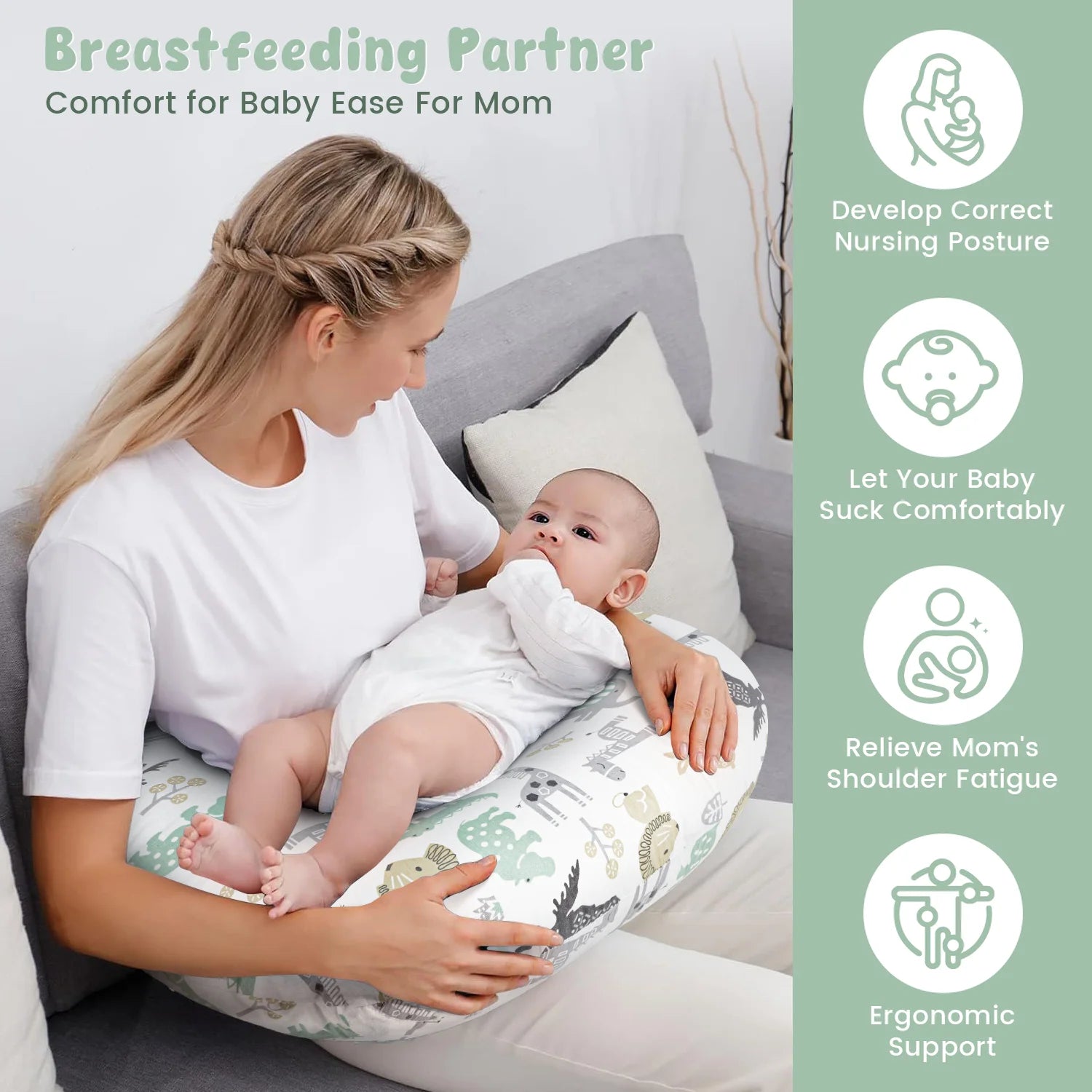 Nursing Pillow, Breast Feeding Pillows for Mom, Animals Soft Cover with Breathable Filling, Feeding Support Pillow for 0-12 Months, Multifunctional Support Cushion for Travel