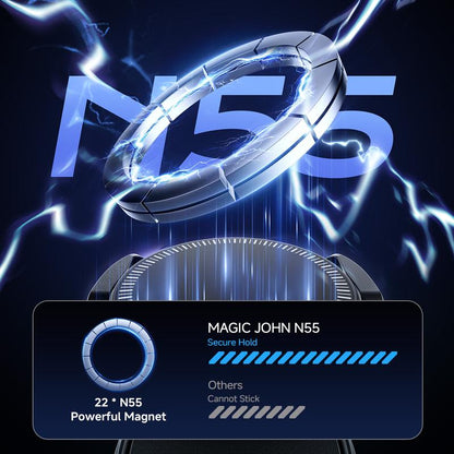 MAGIC JOHN Clip-On Car Phone Holder, Strong Magnetic Grip, Non-Slip Foldable Stand, 360° Adjustable, for Car Navigation & Home Use — Works with or without Magnetic Phones