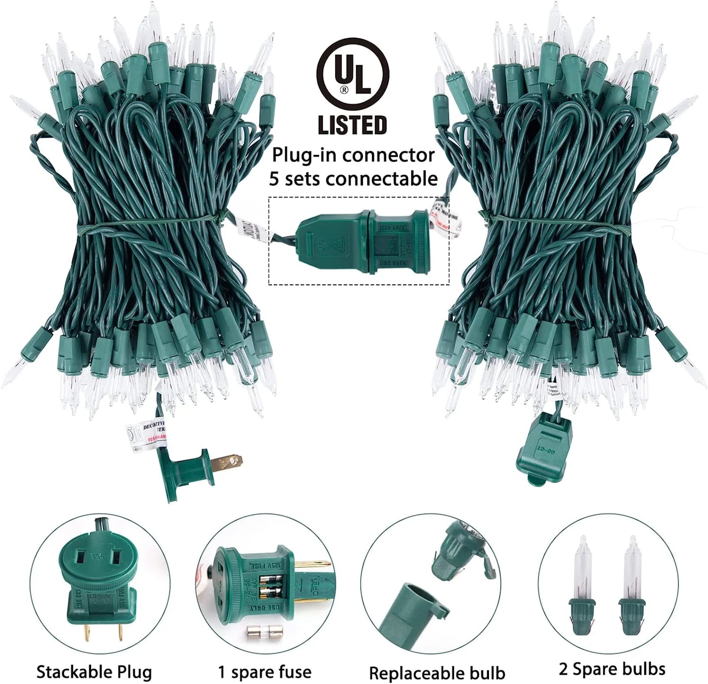 Chrsitmas Light 100-Count Clear White Christmas Light Set Green Wire Lights for Christmas Decorations, Holiday, Party, Home, Indoor or Outdoor Decorations 21Ft