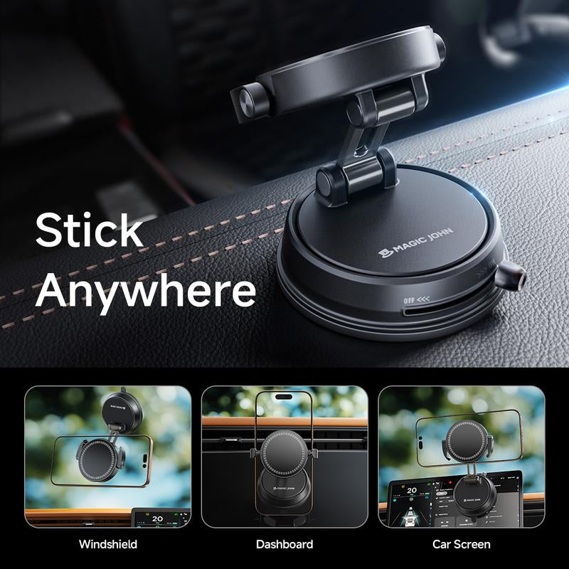 MAGIC JOHN Clip-On Car Phone Holder, Strong Magnetic Grip, Non-Slip Foldable Stand, 360° Adjustable, for Car Navigation & Home Use — Works with or without Magnetic Phones