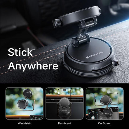 MAGIC JOHN Clip-On Car Phone Holder, Strong Magnetic Grip, Non-Slip Foldable Stand, 360° Adjustable, for Car Navigation & Home Use — Works with or without Magnetic Phones