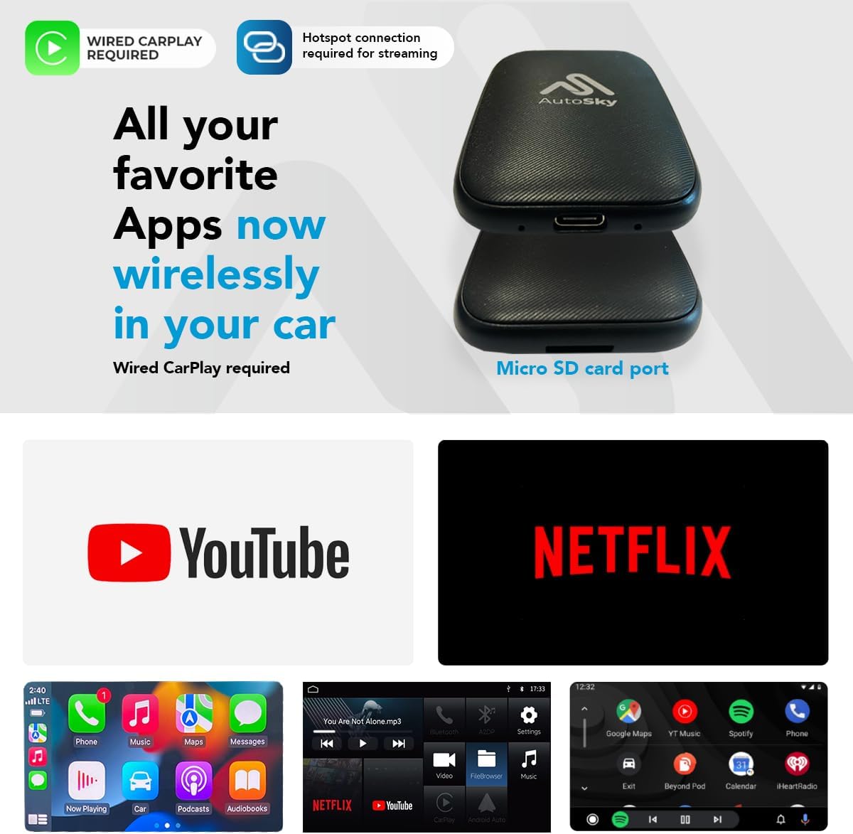 Wireless Carplay and Android Auto AI Box Lite for Factory Wired Carplay (Required) Cars - Supports Netflix and Youtube, Must Use Hotspot, Go Wireless