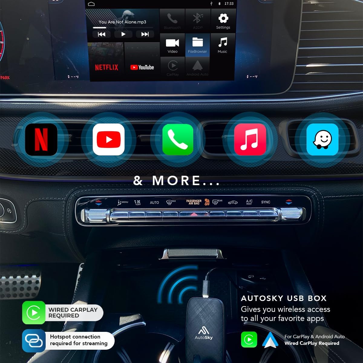 Wireless Carplay and Android Auto AI Box Lite for Factory Wired Carplay (Required) Cars - Supports Netflix and Youtube, Must Use Hotspot, Go Wireless
