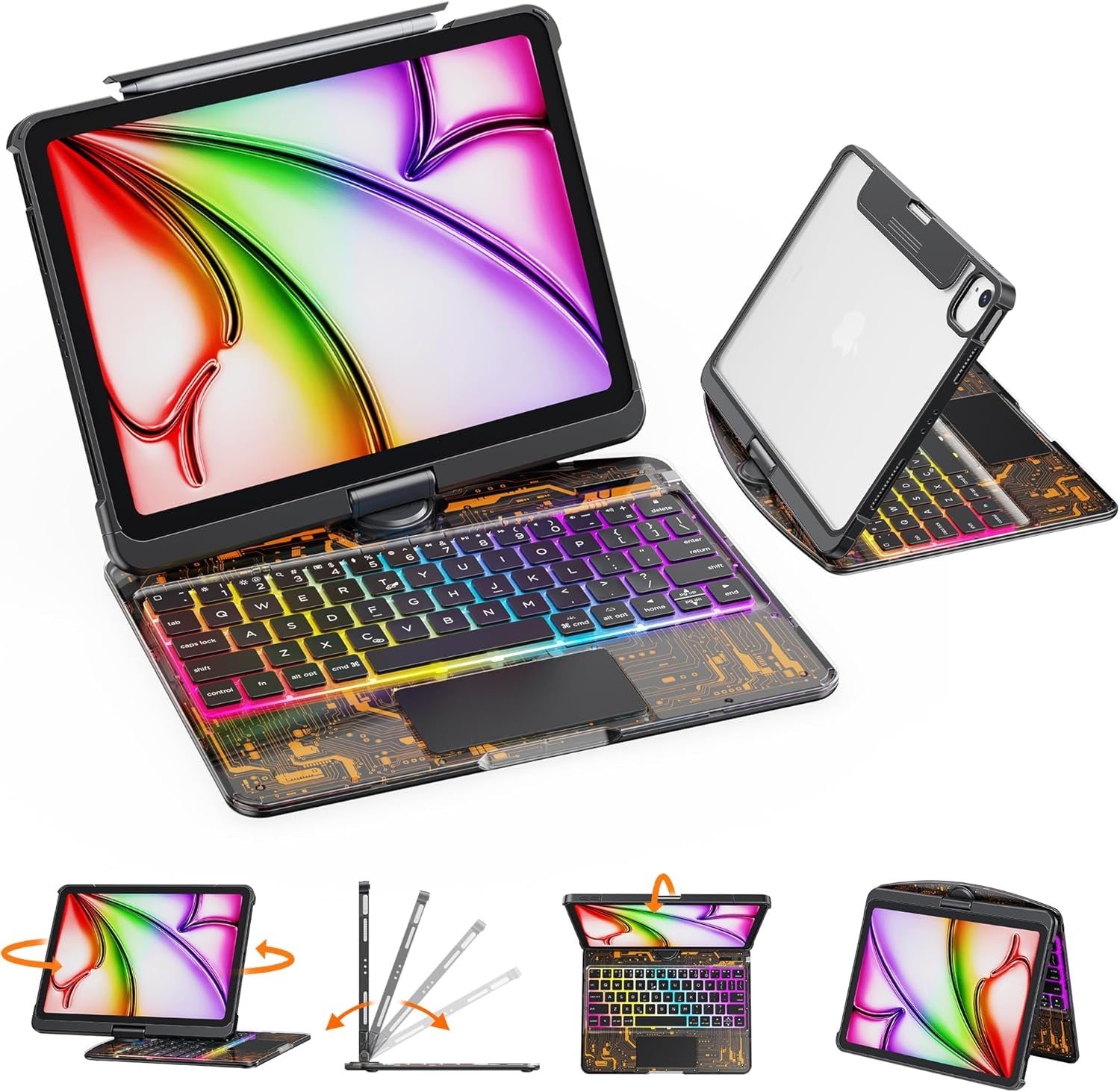 Transparent Case with Wireless Keyboard for Ipad 10.2-In (7Th, 8Th, and 9Th Gen), 7 Colors Backlight, Trackpad, 360°Rotating Stand, Tech Style