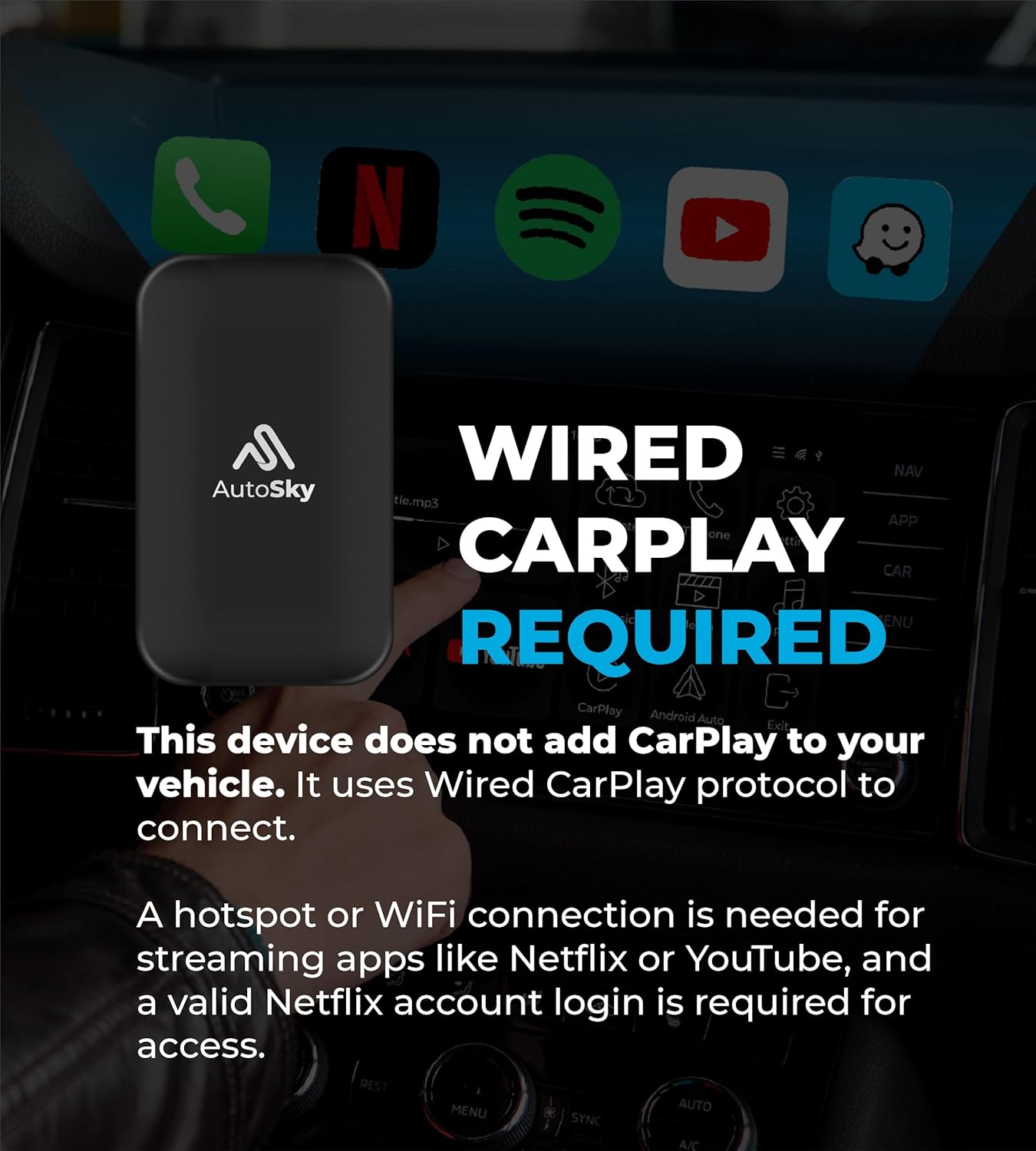 Wireless Carplay and Android Auto AI Box Lite for Factory Wired Carplay (Required) Cars - Supports Netflix and Youtube, Must Use Hotspot, Go Wireless