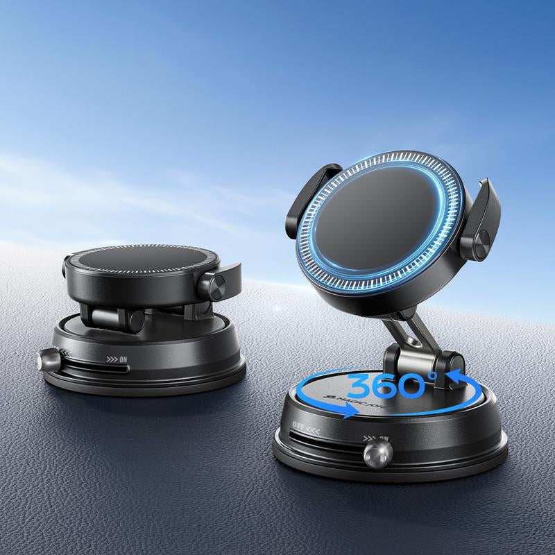MAGIC JOHN Clip-On Car Phone Holder, Strong Magnetic Grip, Non-Slip Foldable Stand, 360° Adjustable, for Car Navigation & Home Use — Works with or without Magnetic Phones