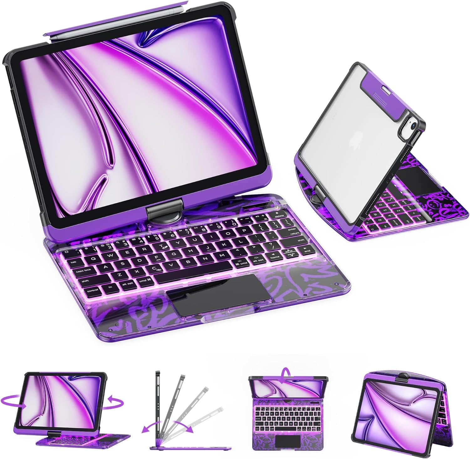 Transparent Case with Wireless Keyboard for Ipad 10.2-In (7Th, 8Th, and 9Th Gen), 7 Colors Backlight, Trackpad, 360°Rotating Stand, Tech Style