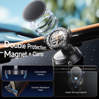 MAGIC JOHN Clip-On Car Phone Holder, Strong Magnetic Grip, Non-Slip Foldable Stand, 360° Adjustable, for Car Navigation & Home Use — Works with or without Magnetic Phones