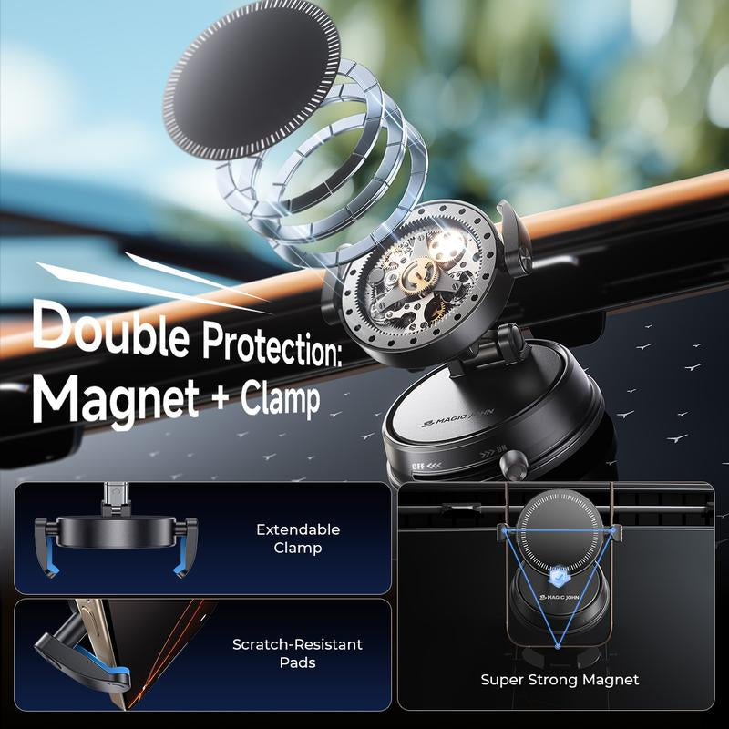 MAGIC JOHN Clip-On Car Phone Holder, Strong Magnetic Grip, Non-Slip Foldable Stand, 360° Adjustable, for Car Navigation & Home Use — Works with or without Magnetic Phones