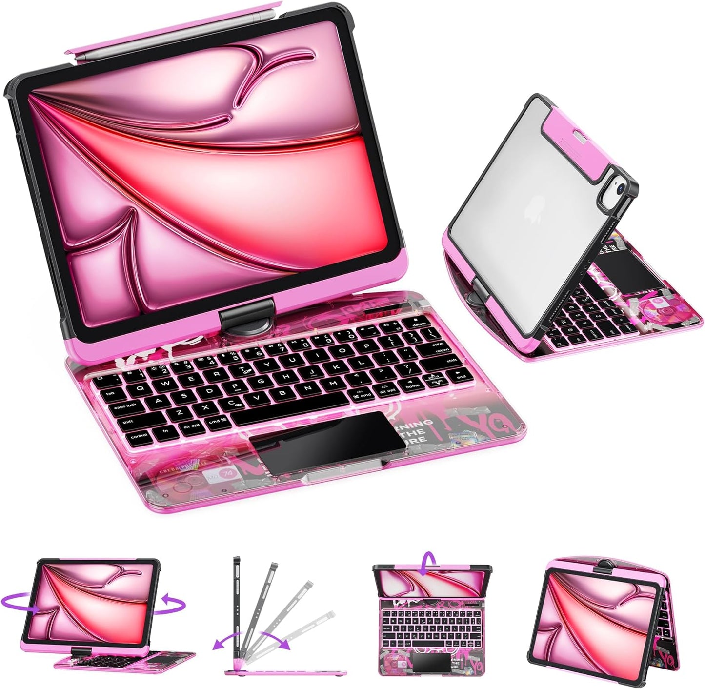 Transparent Case with Wireless Keyboard for Ipad 10.2-In (7Th, 8Th, and 9Th Gen), 7 Colors Backlight, Trackpad, 360°Rotating Stand, Tech Style