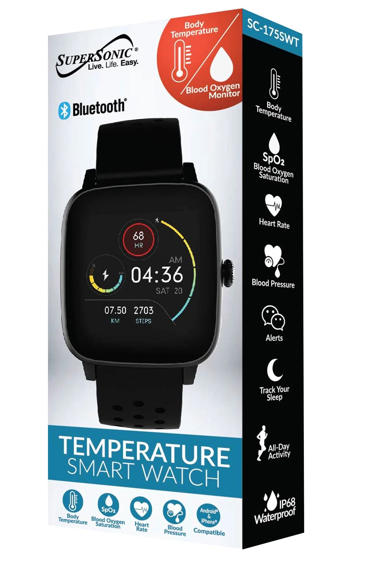 Supersonic Smartwatch with Dynamic Heart Rate, Temperature, Blood Oxygen, and Blood Pressure Monitor