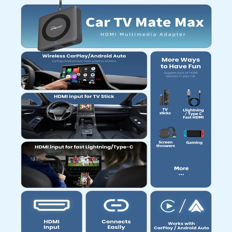 Car TV Mate Wired to Wireless Carplay Adapter Android Auto HDMI Multimedia Video Converter for TV Sticks Game Box Phone