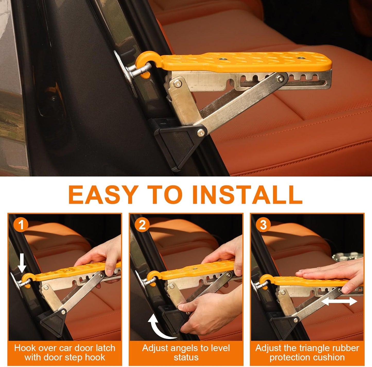 Universal Fit Car Door Step - Foldable, 7 Gear Adjustable Roof Rack Door Step up on Door Latch - Both Feet Stand Pedal Ladder, Max Load 500 Lbs - Easy Access for Cars, Suvs, and Trucks